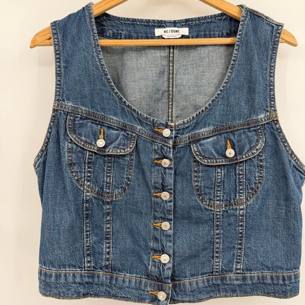 RE/DONE Denim Vest Top Whiskey Indigo Button Front Sleeveless Jean Top Size Larg